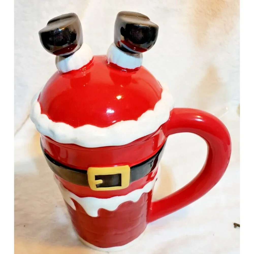 Mingle & Jingle Cracker Barrel Red Upside-down Santa Mug With Boot Lid Christmas - Picture 1 of 4